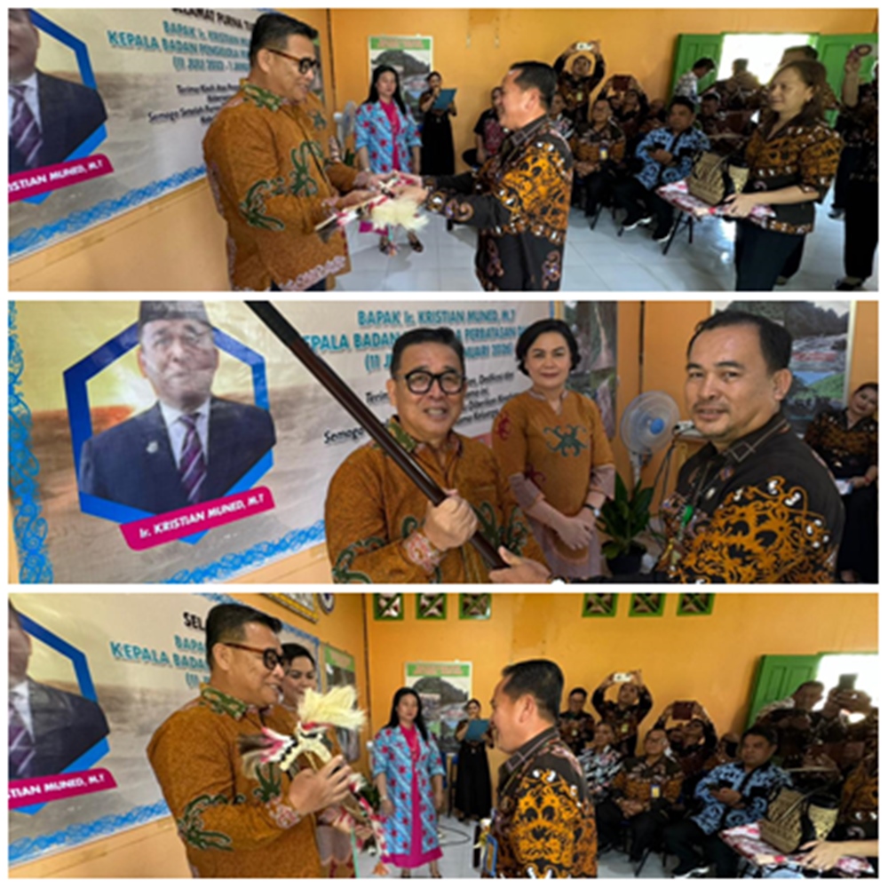 PURNA TUGAS - Sekban BPPD Malinau, Agusthinus dan staf saat menyerahkan cendramata kepada Kepala BPPD Malinau, Kristian Muned yang yelah pensiun di acara perpisahan, di Ruang Serba Guna BPPD Malinau, pada Kamis (15/1/2025), pukul 10.00 WITA.