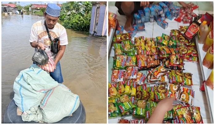 DILANDA BANJIR - Ketua RT 20, Desa Malinau Kota, Haris saat menyalurkan bantuan kepada warga terdampak banjir, pada Kamis (19/3/2026). HO KETUA RT 20 DESA MALINAU KOTA