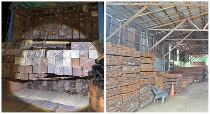 AMANKAN KAYU ILEGAL - Aparat gabungan saat mengamankan truk penuh berisi kayu di Jalan Soekarno Hatta Km 8 Samarinda-Balikpapan (kiri), dan gudang penampungan kayu di Loa Janan (kanan). (HO GAKKUM KEHUTANAN WILAYAH KALIMANTAN)