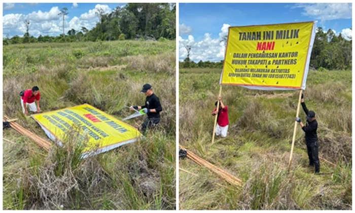 PASANG PERINGATAN - Kantor Hukum Takapati & Partners￼ melaksanakan pemasangan baleho peringatan di lokasi tanah yang masih berstatus sengketa hukum. (HO PETRUS)