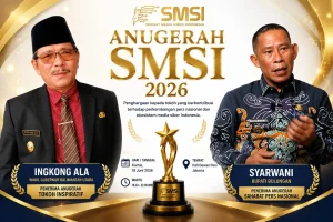BERI PENGHARGAAN - Wagub Kaltara, Ingkong Ala (kiri), dianugerahi penghargaan kategori Tokoh Inspiratif dan Bupati Bulungan, Syarwani (kanan) menerima penghargaan kategori Sahabat Pers Nasional di ajang Anugerah SMSI 2026 yang diselenggarakan Serikat Media Siber Indonesia (SMSI), di Hall Dewan Pers, Jakarta, Kamis (18/6/2026).
